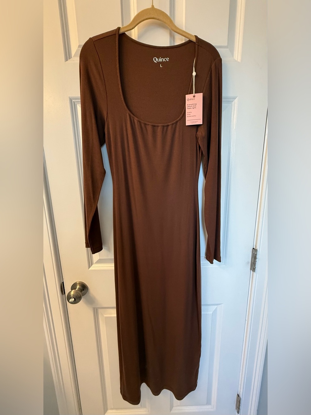 NWT Quince Tencel Rib Knit Chocolate Brown Long Sleeve Scoop Neck Maxi Dress